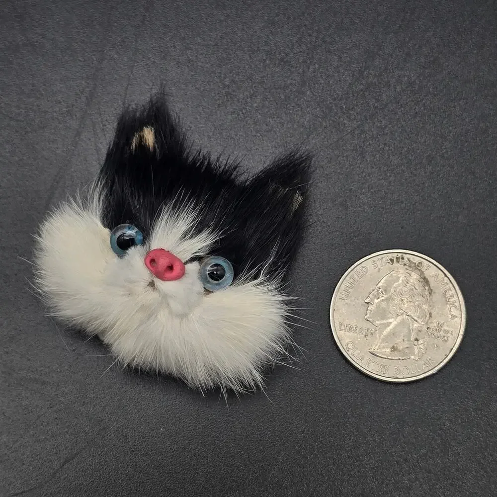 Furry Black White Cat Brooch Hand Crafted Vintage Jewelry